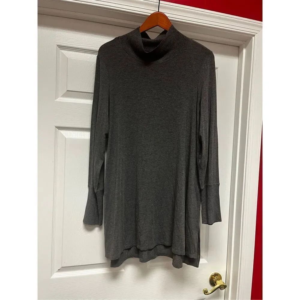 Eileen Fisher Gray Ash Funnel Neck Tunic Cozy Viscose Stretch Jersey sz L NWT